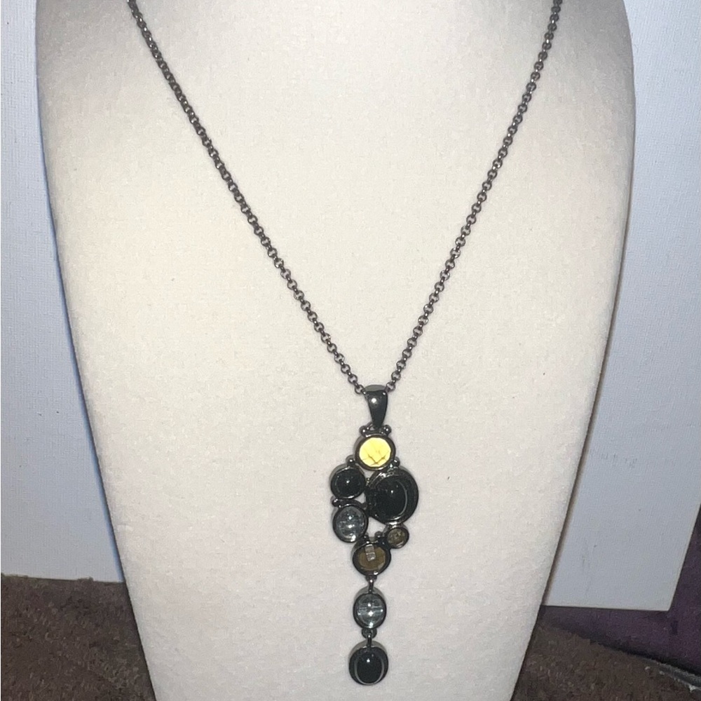Artisan Mixed‎ Stone Cluster Pendant Necklace Gunmetal Tone